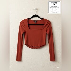 Forever 21 Ribbed Rust Orange Cropped Top Square Neck Lettuce Hem Long Sleeve M
